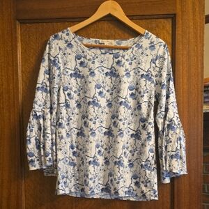Jane and Delancey White and Blue Patterned Blouse